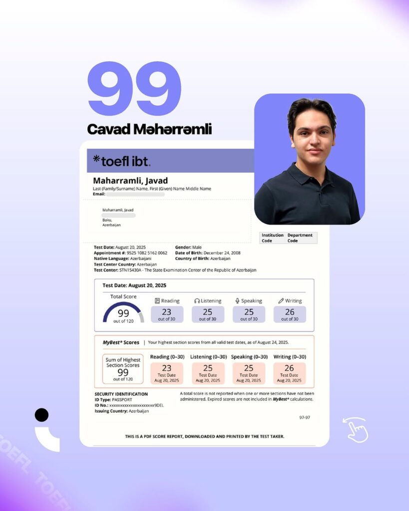 TOEFL qaliblərimizi təbrik edirik! 🤩🏆Müəllimlərimizin dəstəyi və tələbələrimizin çalışqanlığı